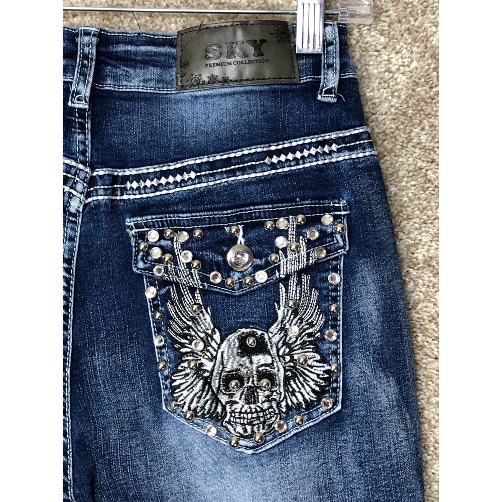 SKY Embellished Hi Rise Bootcut Flare Jeans Women 9 Dark Wash Stretch Y2K Denim - Picture 5 of 11